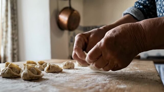 Hands shaping dough on wooden table in warm kitchen. Natural light highlights flour and kitchenware. Concept of baking, cooking classes, artisanal crafts