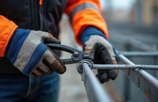 Construction worker hands with gloves tie steel bars using wire pliers on site. Builder secures metal rods for concrete framework. Man in hi vis jacket works hard on building project.