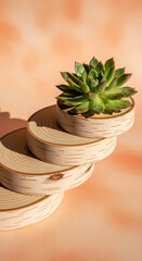 Close-up of green succulent on beige wood slices, displayed on a peach backdrop, representing growth, natural product, and organic presentation