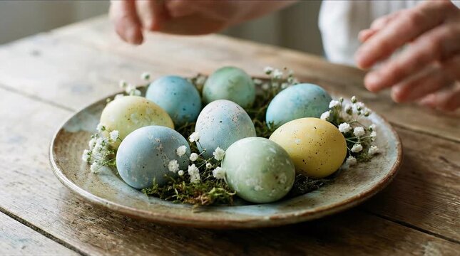 Woman decorating easter eggs on rustic plate with moss and flowers. Easter holiday tradition, spring celebration, and festive decor concept.