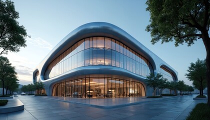 Obraz premium Modern building with glass facade and curved metallic exterior. Futuristic architecture features large windows revealing interior spaces. A sleek structure stands near green trees on a paved walkway.