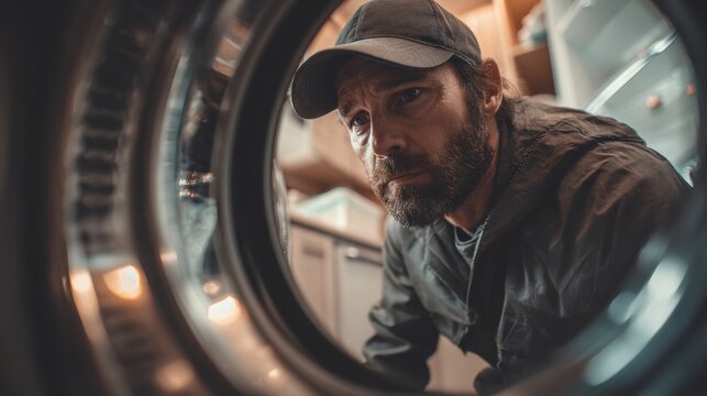 Technician Diagnoses Washing Machine Making Unusual Noise in Modern Home Interior During Troubleshooting Session
