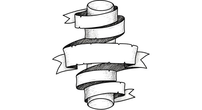 A ribbon banner wrapped around a spiral structure, an illustrative representation of a creative concept, viewed from a straightforward angle.