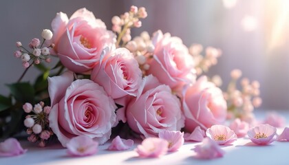 Obraz premium Soft pink roses and small blooms arranged delicately. Gentle light falls on floral petals scattered on a white surface. Romantic, elegant, and serene natural beauty.