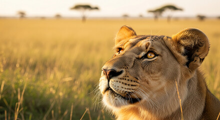 Obraz premium Close-up of a lion's face against a grassland backdrop under a sunny sky, representing majesty, power, and the wild, perfect for nature themes