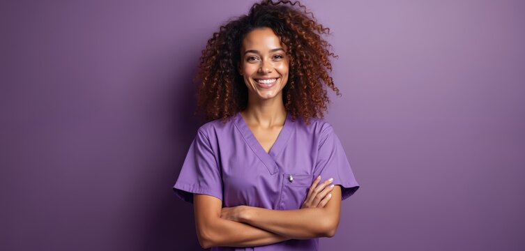 Young happy nurse in purple scrubs arms crossed against violet background. Smiling woman works in healthcare medicine clinic. Professional medical staff pose for portrait.