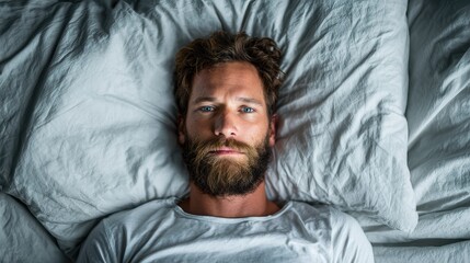 Obraz premium Bearded man with blue eyes lies on rumpled white bed, neutral gaze upward. Tousled brown hair, light gray tee contrast bedding. Soft even lighting highlights features. Calm, introspective mood. Realis