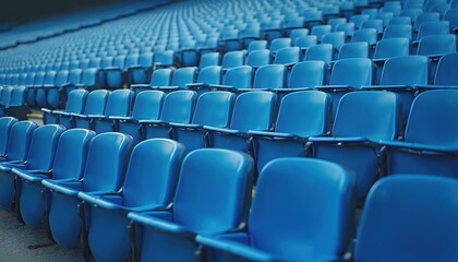 Obraz premium Rows of empty blue seats in an outdoor stadium. Numerous chairs arranged in lines form a pattern. Stadium seating area offers places for spectators and fans at sports events.