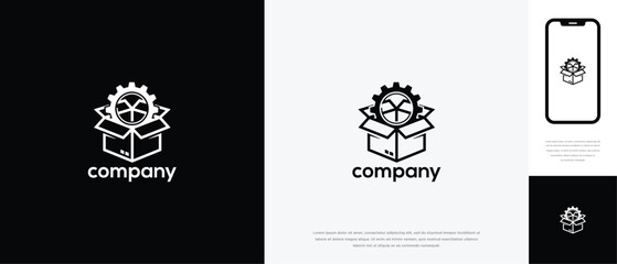 Sustainable Packaging Tech Logo Design Green Delivery Eco-Friendly Product Box Gear Symbol Icon.