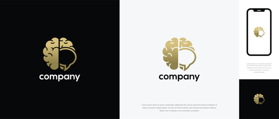 Golden Brain Light Bulb Logo. Creative Idea Innovation and Intelligence Concept for Business  Tech.