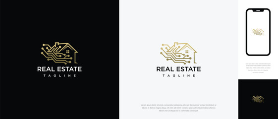 Golden Real Estate Technology Logo - Modern Smart Home  Digital Property Branding.