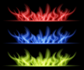 Color fire flames set on dark background