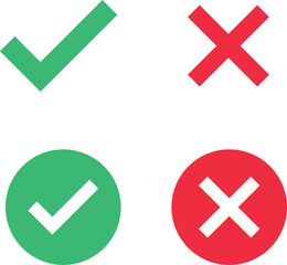 Green check mark, red cross mark icon set. Isolated tick symbols, checklist signs, approval badge. Flat and modern checkmark design