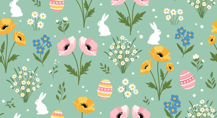 Materiał do szycia Easter-themed floral pattern with bunnies and eggs in a garden setting from a top-down viewpoint