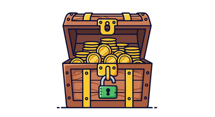An open treasure chest filled with gold coins, secured with a lock, cartoon-style, from a straight-on viewpoint © Adam