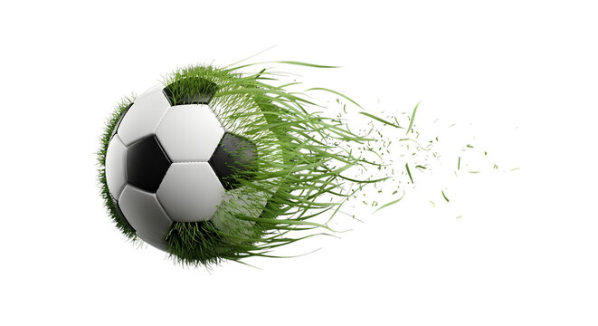 Soccer ball with green grass particles trailing, dynamic motion effect, sports graphic element isolated on white