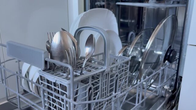 An open dishwasher built into a modern kitchen. A basket of clean cutlery and clean white plates fill the dishwasher. Kitchen appliances