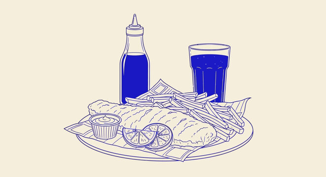 A plate of fish and chips served with a glass of drink and condiments on a table