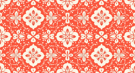 Repeating pattern of floral motifs and geometric shapes in a vibrant design