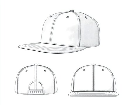 Detailed illustrations of a white snapback hat from multiple perspectives
