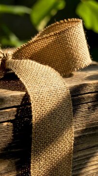 Burlap ribbon tied on rustic wood