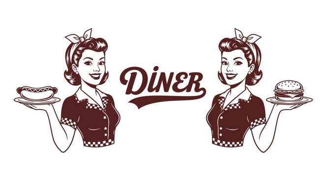 Vintage diner waitress illustration holding trays of food in a retro setting