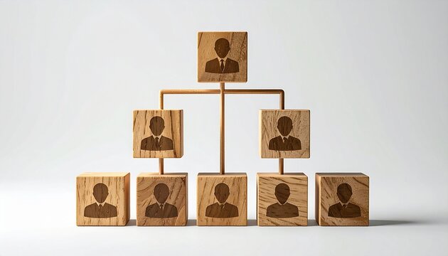 Wooden blocks arranged in pyramid hierarchy with person icons symbolizing corporate organizational structure management levels and reporting relationships