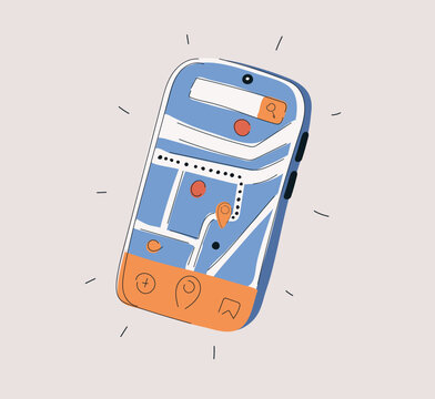Cartoon vector illustration of map displayed on smartphone screen