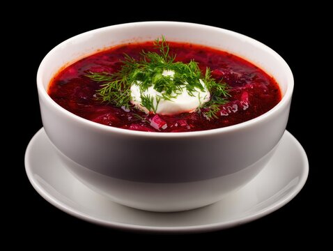 Bowl of borscht soup with sour cream and dill