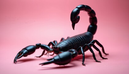 Black scorpion isolated on pink background. Dangerous arachnid with venomous sting and large pincers. This predatory arthropod shows its sharp tail.