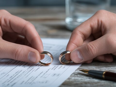 hands holding wedding rings over prenup agreement