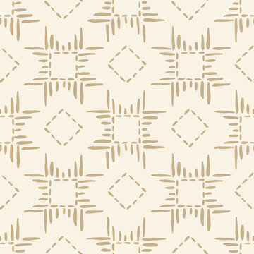 Delicate hand-stitched vector seamless pattern with embroidery motifs, star stitches on neutral beige. Rustic farmhouse design with traditional needlework and nostalgic heirloom charm. Perfect for