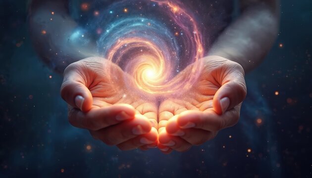 Cupped hands hold glowing galaxy vortex. Cosmic energy flows between palms. Stars sparkle in dark nebula. Universe creation and spirituality concept.