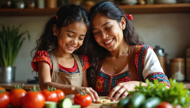 Hispanic mom and daughter happily prepare food together in kitchen. Child learns cooking skills from mother. Smiling faces show love and family bonding over healthy meal prep.