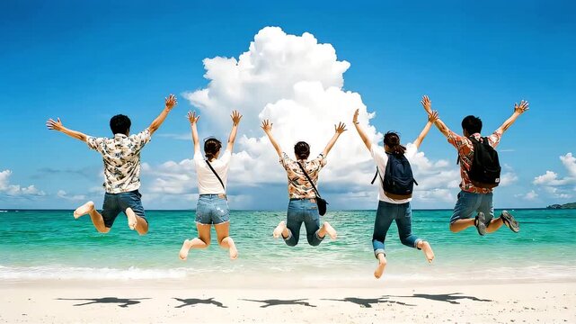 美しい海岸で自由を満喫する若者たち。卒業旅行や夏休み、友情のコンセプト動画
