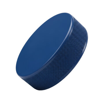 Hyper-realistic extreme macro close-up of a deep blue vulcanized ice hockey puck, razor-sharp focus on intricate knurled texture, isolated still life on white background. Concept of competitive