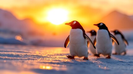 Fototapeta premium A group of penguins walking across a snow covered field