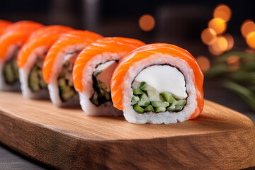 Salmon sushi roll with cream cheese and cucumber filling Philadelphia style sushi roll topped with fresh salmon Fresh salmon roll served in modern restaurant style © Mykhailo Feriukov