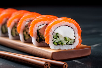 Salmon sushi roll with cream cheese and cucumber filling Philadelphia style sushi roll topped with fresh salmon Fresh salmon roll served in modern restaurant style © Mykhailo Feriukov