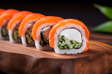 Salmon sushi roll with cream cheese and cucumber filling Philadelphia style sushi roll topped with fresh salmon Fresh salmon roll served in modern restaurant style © Mykhailo Feriukov