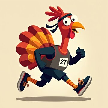 Cartoon turkey in athletic wear runs a race, giving a thumbs up. This festive bird sports a bib number 27 and colorful tail feathers, perfect for Thanksgiving or fitness themes.