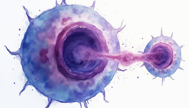 Watercolor illustration of two cells connecting. A purple pink filament joins large cell to small cell. Microscopic organic structures with spiked edges on white background. Science abstract art.