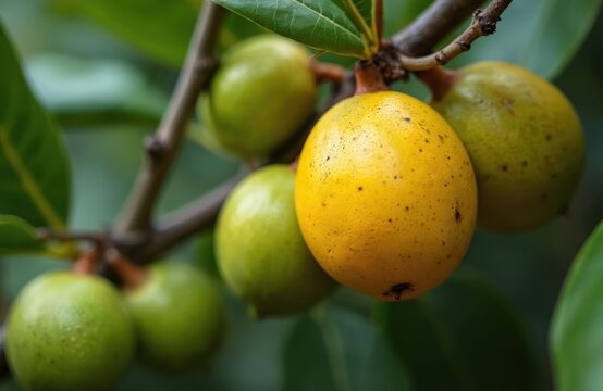 Yellow abiu fruit ripens on tree branch. Unripe green fruits grow nearby. Tropical produce in natural setting. Healthy food choice from exotic locale.