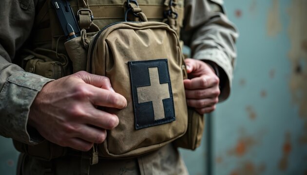 Tactical soldier opens medical pouch with white cross symbol. Close-up on hands preparing first aid supplies. Combat medic ready for emergency aid. Battlefield scene detail.