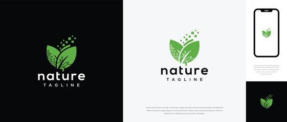 Nature Green Leaf Logo Design with Digital Sparkle - Organic Eco Branding Vector Template.