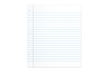 Lined notebook paper sheet with blue lines and red margin, three-hole punched, on transparent background for education