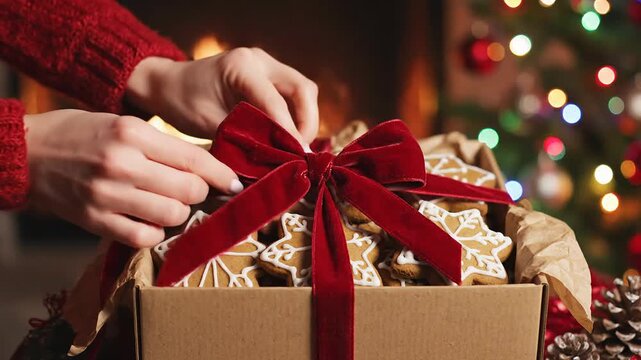 Hands tying red velvet ribbon bow on box of star gingerbread cookies, Christmas fireplace background