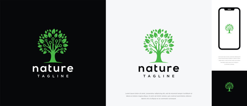 Green Tech Tree Logo Design Nature Digital  Sustainable Technology Concept.