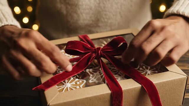 Hands tying red velvet ribbon bow on box of decorated Christmas gingerbread cookies
