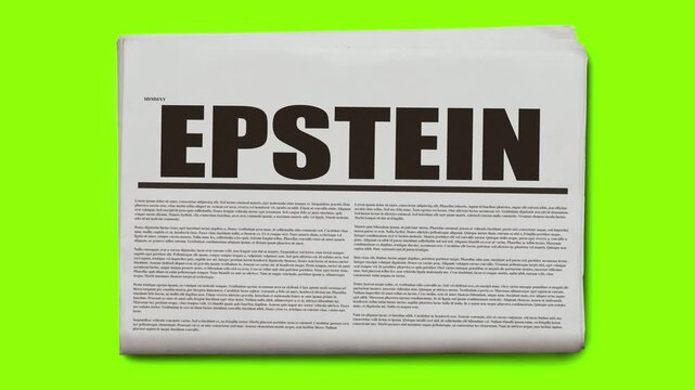 A newspaper with "Epstein" headline spins while falling from a 90-degree top-down view onto a green background.